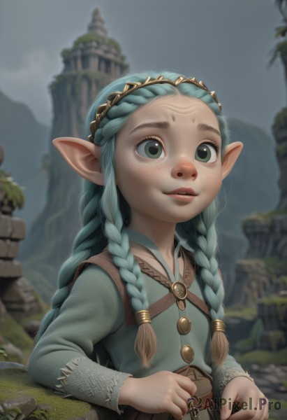 1girl,solo,long hair,looking at viewer,smile,shirt,long sleeves,green eyes,blue hair,upper body,braid,hairband,outdoors,parted lips,sky,day,pointy ears,belt,blurry,twin braids,flat chest,lips,aqua hair,depth of field,blurry background,forehead,freckles,mountain,nose,fantasy,female child,castle,green hair,teeth,artist name,facial mark,child,realistic