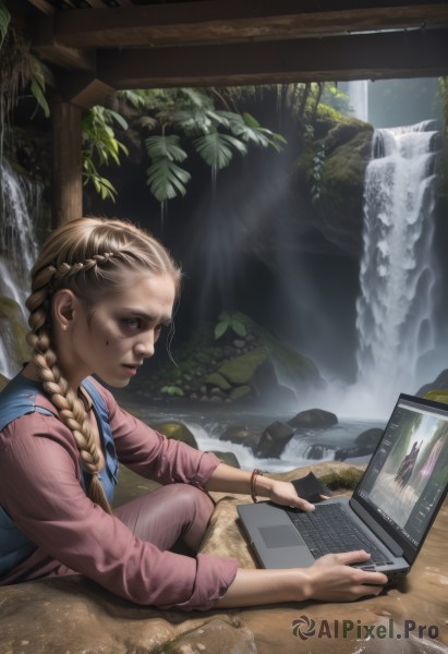 1girl,solo,long hair,blue eyes,blonde hair,brown hair,shirt,long sleeves,jewelry,sitting,closed mouth,braid,earrings,water,mole,twin braids,bracelet,from side,lips,single braid,profile,sunlight,hair over shoulder,freckles,pink shirt,light rays,rock,realistic,nose,wristwatch,computer,river,laptop,waterfall,pants,artist name,signature,mole under eye,leaf,overalls,facepaint,drawing,stylus,tablet pc,drawing tablet