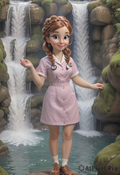 1girl,solo,long hair,breasts,looking at viewer,smile,blue eyes,brown hair,dress,jewelry,closed mouth,standing,full body,braid,short sleeves,earrings,small breasts,outdoors,shoes,glasses,socks,water,nail polish,twin braids,lips,buttons,brown footwear,white socks,child,pink dress,freckles,pocket,round eyewear,collared dress,female child,badge,waterfall,button badge,stream,shirt,day,artist name,thick eyebrows,forehead,rock,crown braid