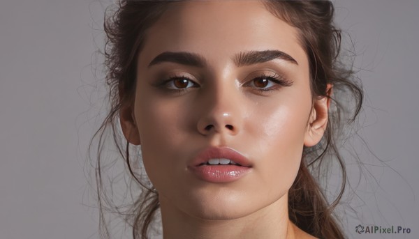 1girl,solo,long hair,looking at viewer,open mouth,simple background,brown hair,brown eyes,ponytail,parted lips,teeth,grey background,lips,eyelashes,thick eyebrows,portrait,close-up,realistic,nose,messy hair,straight-on