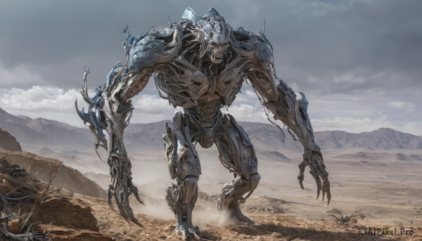 solo,standing,outdoors,sky,cloud,no humans,cloudy sky,robot,mecha,claws,science fiction,monster,mountain,realistic,extra arms,open hands,mountainous horizon,dust,signature,scenery,fog,desert