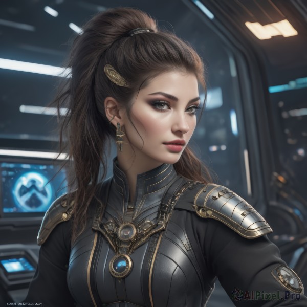 1girl,solo,long hair,breasts,brown hair,hair ornament,brown eyes,jewelry,medium breasts,upper body,ponytail,earrings,hairclip,artist name,indoors,armor,blurry,lips,bodysuit,makeup,blurry background,watermark,high ponytail,freckles,science fiction,realistic,nose,red lips,hair pulled back,looking at viewer,closed mouth,piercing,shoulder armor,ear piercing,web address,eyeshadow,eyeliner