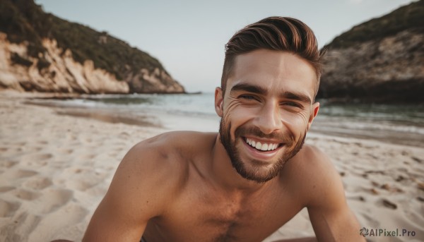 solo,looking at viewer,smile,short hair,open mouth,brown hair,1boy,closed eyes,upper body,male focus,outdoors,teeth,day,grin,blurry,facial hair,beach,facing viewer,beard,meme,topless male,realistic,sand,photo background,real life insert,black hair,sky,water,blurry background,ocean,scar,parody,happy,undercut,chest hair