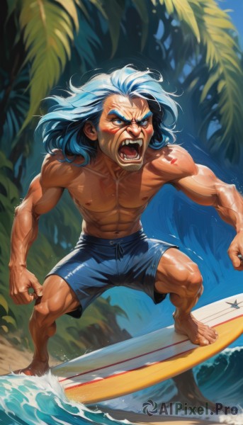 solo,long hair,open mouth,blue eyes,1boy,navel,nipples,blue hair,standing,full body,male focus,outdoors,shorts,barefoot,teeth,day,dark skin,water,tree,tattoo,muscular,ocean,beach,abs,dark-skinned male,pectorals,muscular male,angry,veins,blue shorts,topless male,sand,palm tree,male swimwear,waves,swim trunks,surfboard,artist name,fangs,watercraft,manly,shouting,boat