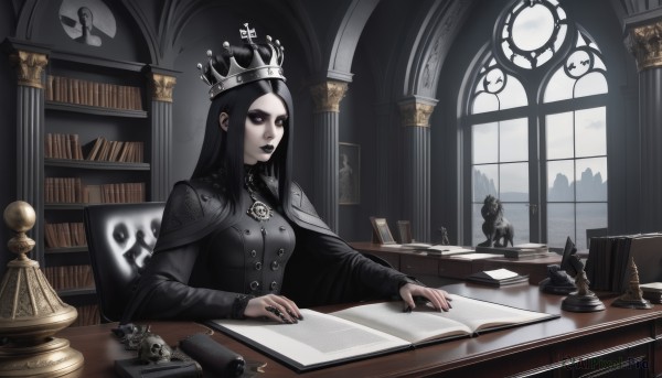 1girl,solo,long hair,breasts,black hair,long sleeves,dress,jewelry,medium breasts,sitting,closed mouth,day,cloud,indoors,cape,nail polish,black eyes,black dress,fingernails,book,window,makeup,capelet,buttons,chair,table,cross,crown,lipstick,pale skin,black nails,desk,eyeshadow,skull,paper,open book,bookshelf,pen,bags under eyes,scroll,chess piece,book stack,library,gothic,quill,black lips,board game,ink,queen (chess),inkwell,purple eyes,weapon,gun,ring,castle,hourglass