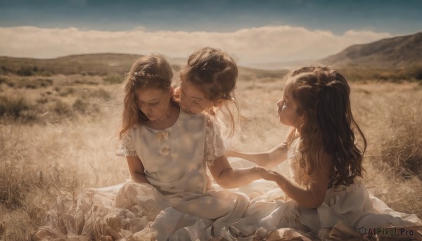 long hair,smile,multiple girls,brown hair,black hair,dress,2girls,bare shoulders,jewelry,sitting,closed mouth,closed eyes,braid,flower,short sleeves,outdoors,sky,sleeveless,day,cloud,dark skin,3girls,necklace,hair bun,white dress,blurry,dark-skinned female,blue sky,see-through,bare arms,profile,sleeveless dress,depth of field,blurry background,holding hands,siblings,wavy hair,grass,sisters,child,mountain,basket,female child,field,mountainous horizon,bangs,parted lips,tears,looking at another,lips,eyelashes,sunlight,single hair bun,crying,tiara,half updo,realistic,mother and daughter,sad