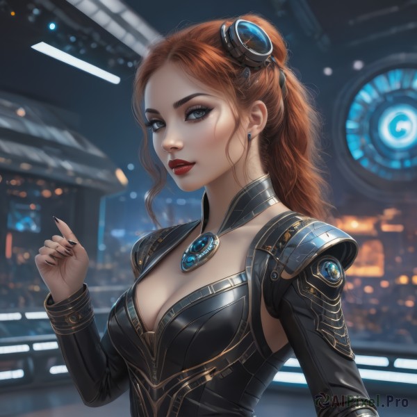 1girl,solo,long hair,breasts,looking at viewer,blue eyes,brown hair,hair ornament,long sleeves,cleavage,jewelry,medium breasts,upper body,ponytail,earrings,artist name,hand up,nail polish,orange hair,armor,blurry,lips,fingernails,grey eyes,makeup,blurry background,lipstick,brooch,gem,black nails,eyeshadow,science fiction,realistic,nose,red lips,large breasts,red hair,parted lips,necklace,eyelashes,long fingernails,sharp fingernails