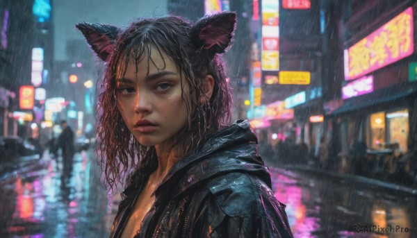 1girl, solo, long hair, looking at viewer, black hair, animal ears, jacket, upper body, outdoors, cat ears, hood, blurry, black eyes, lips, wet, night, blurry background, freckles, rain, city, realistic, nose, wet hair, neon lights