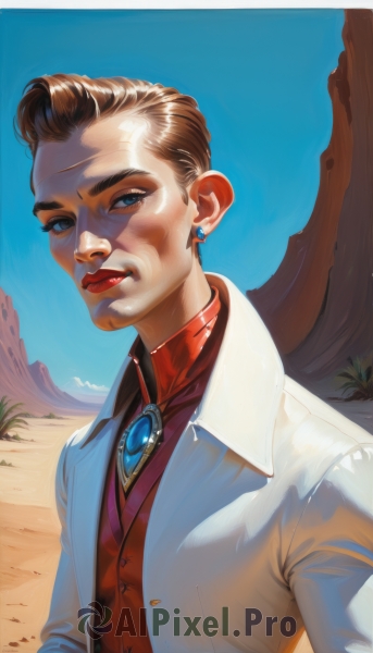 1girl,solo,looking at viewer,short hair,blue eyes,brown hair,shirt,jewelry,closed mouth,jacket,upper body,earrings,outdoors,sky,day,blue sky,lips,makeup,formal,white jacket,suit,lipstick,brooch,red shirt,mountain,realistic,nose,labcoat,red lips,desert,long sleeves,1boy,male focus,open clothes,shiny,collared shirt,signature,vest,thick eyebrows,gem,red vest,stud earrings,very short hair