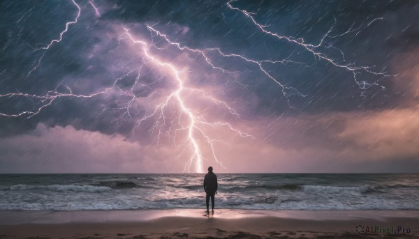 solo, 1boy, standing, male focus, outdoors, sky, cloud, water, from behind, dutch angle, ocean, beach, cloudy sky, scenery, rain, sand, horizon, silhouette, waves, lightning, shore