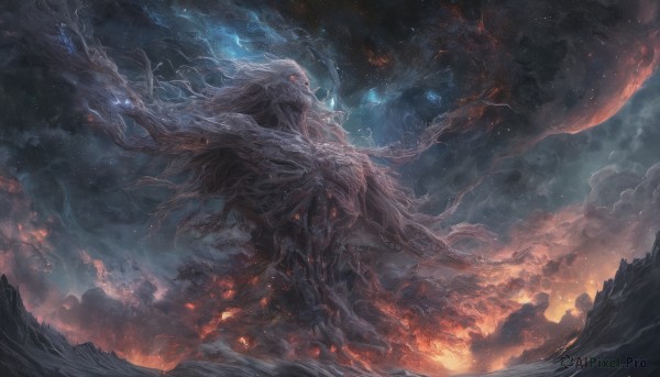 A monster amidst a idyllic fiery outdoors