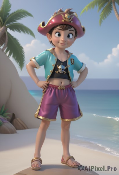 solo,looking at viewer,smile,short hair,brown hair,1boy,hat,navel,brown eyes,standing,jacket,full body,male focus,outdoors,sky,shorts,day,midriff,cloud,water,tree,blue sky,ocean,beach,sandals,child,hands on hips,palm tree,male child,pirate hat,flip-flops,pirate,coconut,blush,toes,sand,pink shorts