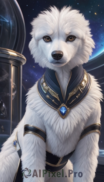 solo,looking at viewer,brown eyes,jewelry,yellow eyes,sky,collar,no humans,animal,brooch,gem,star (sky),starry sky,dog,space,animal focus,white fur,planet,pillar,earth (planet),blue gemstone,red gemstone,fluffy,necklace,night sky,realistic