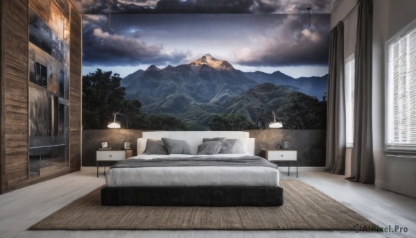 outdoors,sky,cloud,indoors,tree,cup,pillow,no humans,window,bed,night,chair,table,cloudy sky,curtains,building,star (sky),night sky,scenery,couch,starry sky,wooden floor,mountain,door,lamp,bedroom,house,carpet