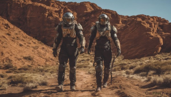 gloves,holding,standing,weapon,male focus,outdoors,multiple boys,sky,day,2boys,holding weapon,armor,uniform,gun,military,mask,holding hands,helmet,holding gun,rifle,walking,science fiction,realistic,knee pads,desert,dust,bulletproof vest,blue sky,1other,cane,ambiguous gender,gas mask