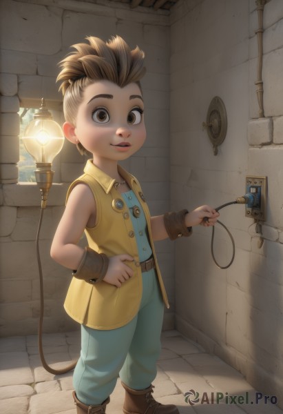 solo,looking at viewer,smile,short hair,open mouth,blonde hair,brown hair,1boy,holding,brown eyes,jewelry,standing,full body,male focus,multicolored hair,boots,parted lips,sleeveless,belt,pants,necklace,vest,hand on hip,child,door,male child,alley,lips,watermark,brown footwear,spiked hair,web address,yellow shirt,lamp,light bulb