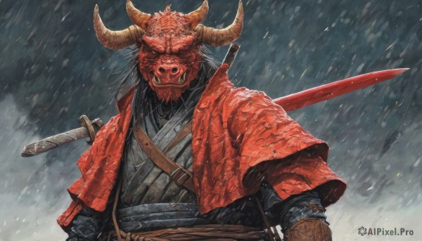 solo,black hair,1boy,upper body,weapon,male focus,outdoors,japanese clothes,horns,sword,kimono,armor,mask,holding sword,katana,sheath,snow,rain,sheathed,oni,snowing,fake horns,scabbard,weapon on back,oni mask,samurai,looking at viewer,holding,belt,holding weapon,facial hair,fangs,beard,furry,monster,furry male,tusks