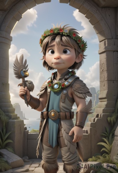 solo,looking at viewer,short hair,brown hair,1boy,holding,brown eyes,jewelry,closed mouth,standing,male focus,outdoors,sky,sleeveless,day,belt,cloud,necklace,blue sky,bird,thick eyebrows,cloudy sky,grass,feathers,child,fantasy,bracer,male child,head wreath,ruins,pillar,flower,water,rock