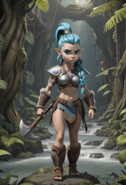 1girl,solo,long hair,breasts,looking at viewer,blue eyes,navel,holding,jewelry,blue hair,standing,full body,ponytail,weapon,braid,earrings,small breasts,boots,outdoors,pointy ears,midriff,water,holding weapon,armor,tree,lips,fur trim,single braid,aqua hair,tattoo,makeup,muscular,toes,facial mark,abs,sandals,thick eyebrows,high ponytail,elf,shoulder armor,nature,hair over shoulder,side braid,pelvic curtain,eyeshadow,forest,toenails,toned,pauldrons,muscular female,vambraces,bracer,axe,bikini armor,shoulder pads,hair pulled back,loincloth,waterfall,holding axe,single pauldron,tribal,battle axe,ankle wrap,hair ornament,green eyes,artist name,leaf,facepaint