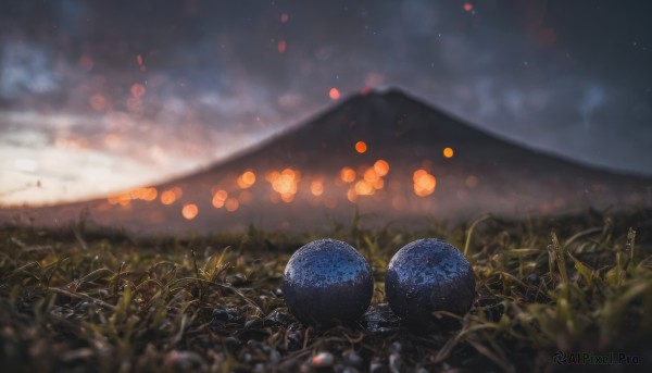 outdoors, sky, cloud, blurry, no humans, night, depth of field, grass, star (sky), night sky, scenery, starry sky, mountain, field, bokeh