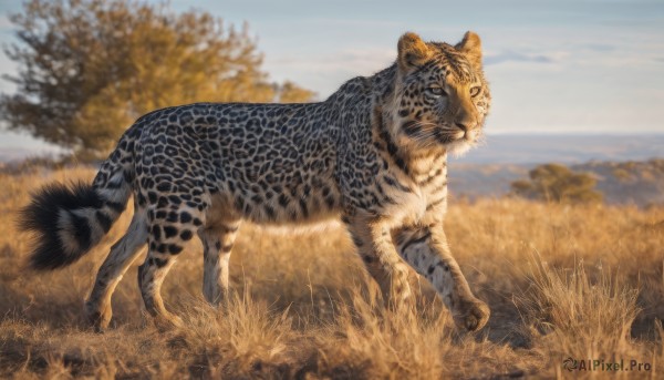 standing,tail,outdoors,sky,day,cloud,blurry,tree,blue sky,no humans,depth of field,blurry background,animal,grass,nature,scenery,realistic,animal focus,tiger,looking at viewer,full body,horizon,field