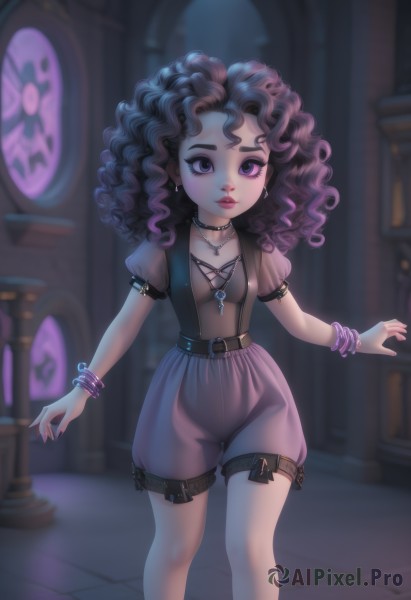 1girl,solo,long hair,breasts,looking at viewer,brown hair,shirt,black hair,jewelry,closed mouth,standing,purple eyes,collarbone,purple hair,short sleeves,multicolored hair,earrings,small breasts,shorts,choker,puffy sleeves,belt,artist name,signature,necklace,nail polish,blurry,flat chest,collar,bracelet,puffy short sleeves,lips,fingernails,see-through,eyelashes,makeup,thigh strap,depth of field,blurry background,feet out of frame,wavy hair,lipstick,messy hair,buckle,pink nails,pendant,eyeshadow,curly hair,black belt,belt buckle,pink lips,red lips,eyeliner,mascara,gothic,stained glass,purple shorts,puffy shorts,indoors,thigh gap,cross,cross earrings,high-waist shorts