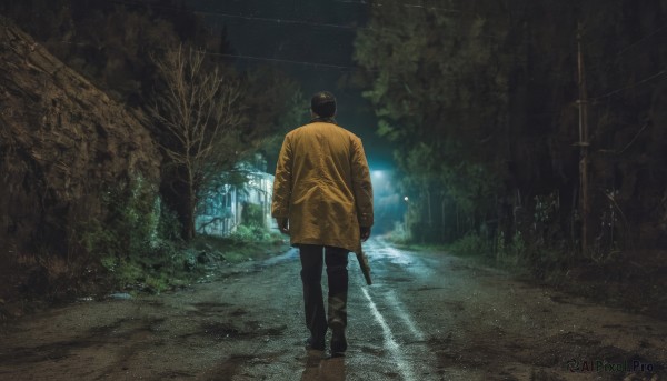 solo,short hair,black hair,long sleeves,1boy,holding,standing,jacket,weapon,male focus,outdoors,pants,from behind,holding weapon,tree,coat,gun,night,black pants,building,holding gun,scenery,rifle,walking,road,yellow jacket,street,sky,water,star (sky),nature,forest,facing away,dark,power lines