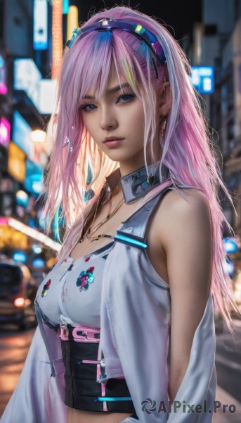 1girl,solo,long hair,breasts,looking at viewer,bangs,blue eyes,jewelry,medium breasts,upper body,pink hair,multicolored hair,hairband,earrings,outdoors,sleeveless,midriff,necklace,blurry,lips,crop top,blurry background,corset,realistic,shirt,navel,bare shoulders,closed mouth,belt,vest,collar,eyelashes,detached collar,night,depth of field,piercing,city,badge