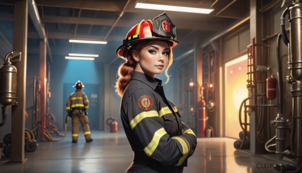 1girl,long hair,looking at viewer,smile,blonde hair,brown hair,shirt,gloves,long sleeves,1boy,hat,brown eyes,closed mouth,standing,upper body,ponytail,braid,solo focus,black gloves,pants,indoors,uniform,lips,black headwear,crossed arms,helmet,baseball cap,reflection,pocket,realistic,nose,police,jumpsuit,industrial pipe,jacket,from behind,from side,black jacket,1other,backlighting,hands in pockets