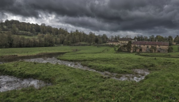 outdoors,sky,day,cloud,water,tree,no humans,cloudy sky,grass,ground vehicle,building,nature,scenery,motor vehicle,forest,road,field,ruins,house,river,landscape,rock