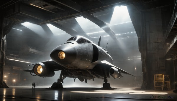 HQ,1boy,indoors,signature,military,no humans,window,robot,building,scenery,mecha,flying,science fiction,light rays,realistic,aircraft,military vehicle,airplane,light,vehicle focus,spacecraft,lights,jet,fighter jet,sunlight,reflection