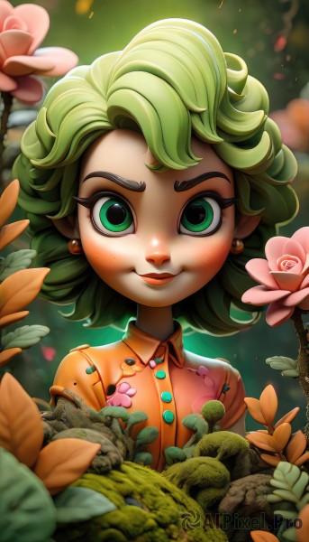 1girl,solo,looking at viewer,smile,short hair,shirt,jewelry,closed mouth,green eyes,upper body,flower,short sleeves,earrings,outdoors,green hair,collared shirt,artist name,blurry,eyelashes,makeup,buttons,blurry background,leaf,plant,child,freckles,curly hair,female child,orange shirt,web address,pink flower