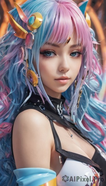 1girl,solo,long hair,breasts,looking at viewer,bangs,blue eyes,large breasts,hair ornament,cleavage,bare shoulders,jewelry,medium breasts,closed mouth,blue hair,upper body,pink hair,multicolored hair,earrings,detached sleeves,blurry,two-tone hair,lips,eyelashes,gradient hair,makeup,wavy hair,crescent,armlet,eyeshadow,realistic,nose,artist name,necklace,detached collar,headgear,expressionless,pink lips,headpiece,crescent hair ornament,split-color hair,mascara