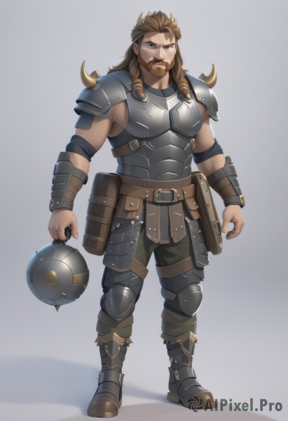 solo,long hair,looking at viewer,simple background,brown hair,1boy,white background,holding,brown eyes,standing,full body,weapon,male focus,boots,belt,pants,grey background,armor,muscular,shadow,facial hair,thick eyebrows,muscular male,shoulder armor,bara,beard,spikes,pauldrons,pouch,breastplate,mature male,mustache,blue eyes,artist name,holding weapon,v-shaped eyebrows,watermark,black pants,holding hammer