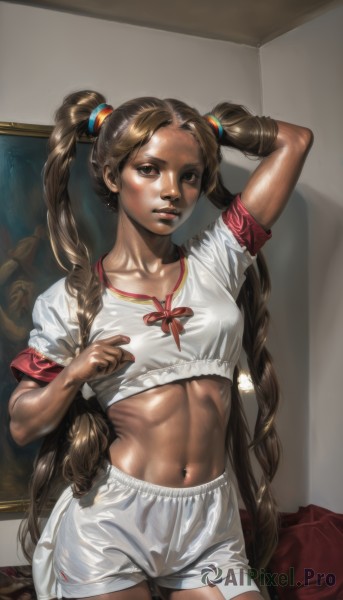 1girl,solo,long hair,breasts,looking at viewer,brown hair,shirt,navel,twintails,brown eyes,very long hair,standing,braid,short sleeves,cowboy shot,small breasts,parted lips,shorts,midriff,shiny,dark skin,arm up,twin braids,dark-skinned female,lips,crop top,short shorts,muscular,abs,toned,white shorts,realistic,nose,collarbone,white shirt,indoors,fingernails,shiny skin,pointing,arm behind head