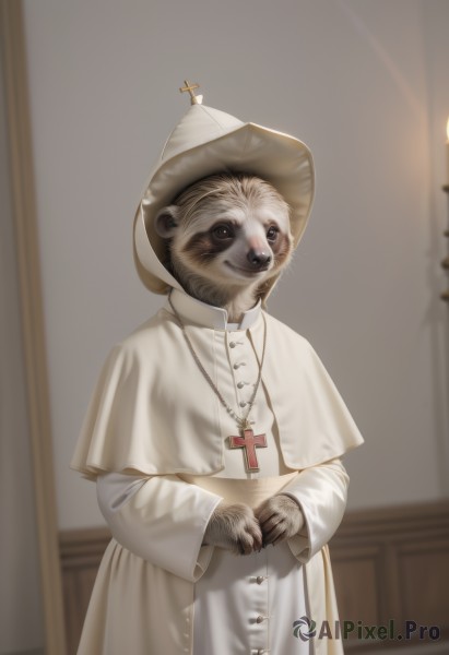 solo,smile,long sleeves,hat,jewelry,closed mouth,standing,indoors,necklace,white dress,blurry,black eyes,no humans,capelet,blurry background,animal,white headwear,own hands together,cross,furry,robe,realistic,candle,cross necklace,white capelet,animal focus,whiskers,what,looking at viewer,1boy,dress,holding,brown eyes,upper body,cowboy shot,artist name,wide sleeves,cat,meme,white robe