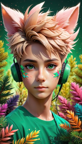 solo,looking at viewer,short hair,blonde hair,shirt,1boy,animal ears,closed mouth,green eyes,upper body,flower,male focus,artist name,cat ears,signature,mole,blurry,lips,fox ears,eyelashes,mole under eye,headphones,leaf,watermark,facial mark,spiked hair,t-shirt,portrait,web address,freckles,yellow flower,nose,green shirt,facepaint,field,plant