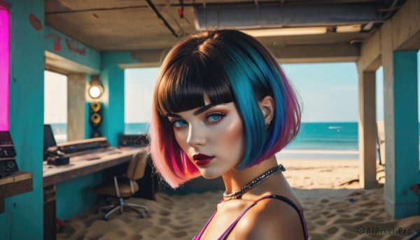 1girl,solo,looking at viewer,short hair,bangs,blue eyes,black hair,jewelry,blue hair,upper body,pink hair,multicolored hair,earrings,outdoors,parted lips,teeth,choker,day,artist name,indoors,signature,blunt bangs,water,from side,two-tone hair,lips,eyelashes,gradient hair,makeup,ocean,black choker,beach,piercing,bob cut,lipstick,ear piercing,portrait,spikes,realistic,nose,sand,red lips,mascara,sky,necklace,eyeshadow,eyeliner