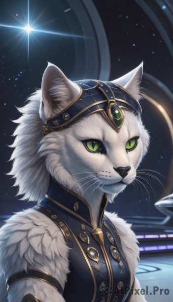 1girl,solo,looking at viewer,animal ears,jewelry,closed mouth,green eyes,upper body,artist name,signature,no humans,animal,cat,slit pupils,gem,star (sky),furry,starry sky,colored sclera,animal focus,white fur,whiskers,breasts,sky,cat ears,animal ear fluff,cat girl,space