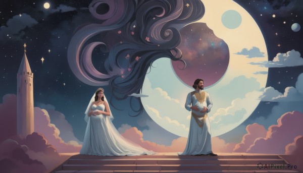 1girl,long hair,short hair,brown hair,black hair,long sleeves,1boy,dress,holding,bare shoulders,sitting,very long hair,standing,closed eyes,hetero,outdoors,sky,cloud,white dress,petals,strapless,night,facial hair,moon,couple,star (sky),night sky,veil,strapless dress,full moon,starry sky,stairs,wedding dress,long dress,bridal veil,planet,castle,husband and wife,wedding,flower,dark skin,star (symbol),beard,robe,hand on own stomach