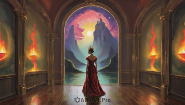 1girl,solo,dress,bare shoulders,standing,sky,cloud,water,from behind,hand on hip,night,moon,red dress,fire,crown,scenery,strapless dress,reflection,wooden floor,mountain,backless outfit,long dress,facing away,backless dress,pillar,castle,gown,column,short hair,black hair,indoors,dark skin,dark-skinned female,wide shot,flame