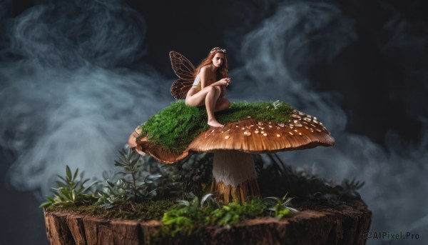 1girl,solo,long hair,breasts,brown hair,brown eyes,sitting,nude,outdoors,wings,barefoot,tree,bare legs,topless,squatting,grass,bug,plant,nature,forest,minigirl,fairy wings,fairy,mushroom,wide shot,butterfly wings,fog,moss,tree stump,holding,goggles,scenery,smoke,goggles on head,realistic,fantasy,log