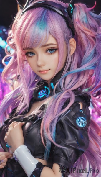 1girl,solo,long hair,breasts,looking at viewer,smile,bangs,blue eyes,twintails,medium breasts,closed mouth,blue hair,jacket,upper body,pink hair,short sleeves,multicolored hair,hairband,puffy sleeves,artist name,blurry,two side up,puffy short sleeves,lips,eyelashes,blurry background,headphones,realistic,nose,jewelry,purple hair,shiny,two-tone hair,streaked hair,gradient hair,ring,pink lips