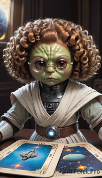 1girl,solo,looking at viewer,brown hair,brown eyes,closed mouth,upper body,glasses,belt,indoors,lips,colored skin,science fiction,curly hair,robe,realistic,nose,round eyewear,space,green skin,big hair,planet,alien,earth (planet),spacecraft,tunic,white robe,spacesuit,afro,yellow-framed eyewear,blue eyes,medium hair,blurry,cosplay,parody,messy hair,female child,green-framed eyewear