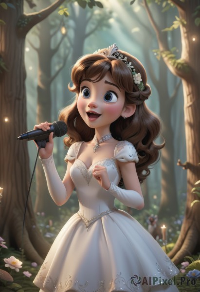 1girl,long hair,breasts,blush,smile,open mouth,blue eyes,brown hair,hair ornament,dress,holding,cleavage,jewelry,medium breasts,flower,short sleeves,:d,earrings,small breasts,outdoors,detached sleeves,teeth,solo focus,choker,day,necklace,white dress,blurry,tree,lips,depth of field,watermark,happy,sunlight,grass,tiara,nature,microphone,web address,forest,music,holding microphone,singing,mushroom,solo,standing,hair flower