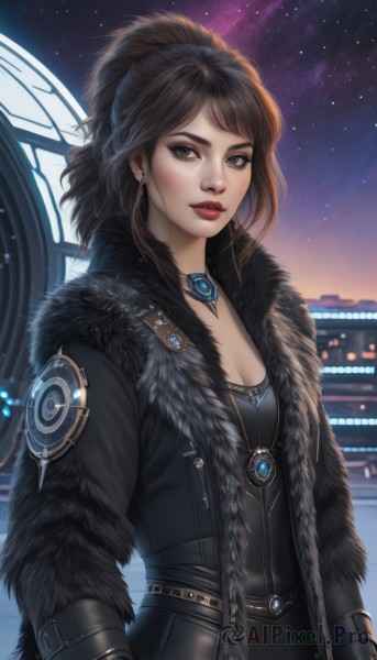 1girl,solo,long hair,breasts,looking at viewer,brown hair,black hair,long sleeves,dress,cleavage,brown eyes,jewelry,medium breasts,jacket,upper body,ponytail,earrings,small breasts,outdoors,open clothes,sky,choker,belt,necklace,lips,coat,fur trim,makeup,night,lipstick,gem,star (sky),night sky,pendant,eyeshadow,starry sky,black coat,nose,red lips,bangs,closed mouth,artist name,black dress,backlighting,fur collar