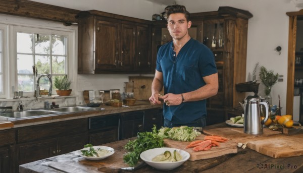 solo,looking at viewer,smile,short hair,brown hair,shirt,black hair,1boy,brown eyes,jewelry,closed mouth,standing,short sleeves,male focus,food,day,pants,indoors,cup,window,fruit,facial hair,table,bottle,blue shirt,knife,plant,plate,fish,bowl,watch,realistic,stubble,wristwatch,potted plant,kitchen,vegetable,arm hair,sink,kitchen knife,cutting board,onion,upper body,collared shirt,bracelet,t-shirt,beard,door,holding knife,carrot,undercut,tomato,refrigerator,stove,lettuce,potato