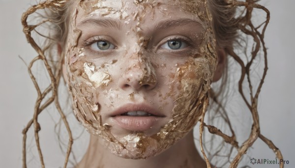 1girl,solo,looking at viewer,simple background,brown hair,male focus,heart,parted lips,teeth,grey background,blurry,lips,grey eyes,portrait,close-up,realistic,blonde hair,white background,green eyes,eyelashes,looking up,freckles,nose,branch,cracked skin