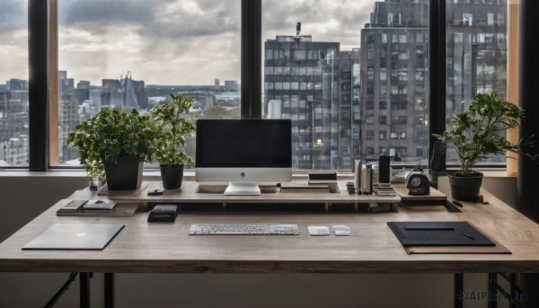 sky,cloud,indoors,tree,cup,book,no humans,window,chair,phone,table,cloudy sky,cellphone,plant,building,scenery,desk,paper,city,pen,potted plant,lamp,cityscape,computer,monitor,laptop,skyscraper,keyboard (computer),flower pot,mouse (computer),office,skyline,day,wooden floor,speaker,still life,drawing tablet,iphone