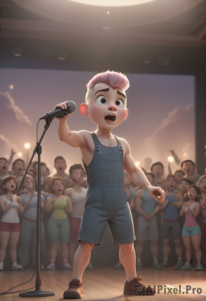 smile,short hair,open mouth,multiple girls,brown hair,shirt,1boy,holding,brown eyes,standing,full body,pink hair,male focus,multicolored hair,multiple boys,shoes,shorts,teeth,sleeveless,solo focus,indoors,black eyes,upper teeth only,child,microphone,6+boys,music,overalls,male child,holding microphone,singing,crowd,stage,blush,outdoors,6+girls,tank top,bandaid,bandaid on face